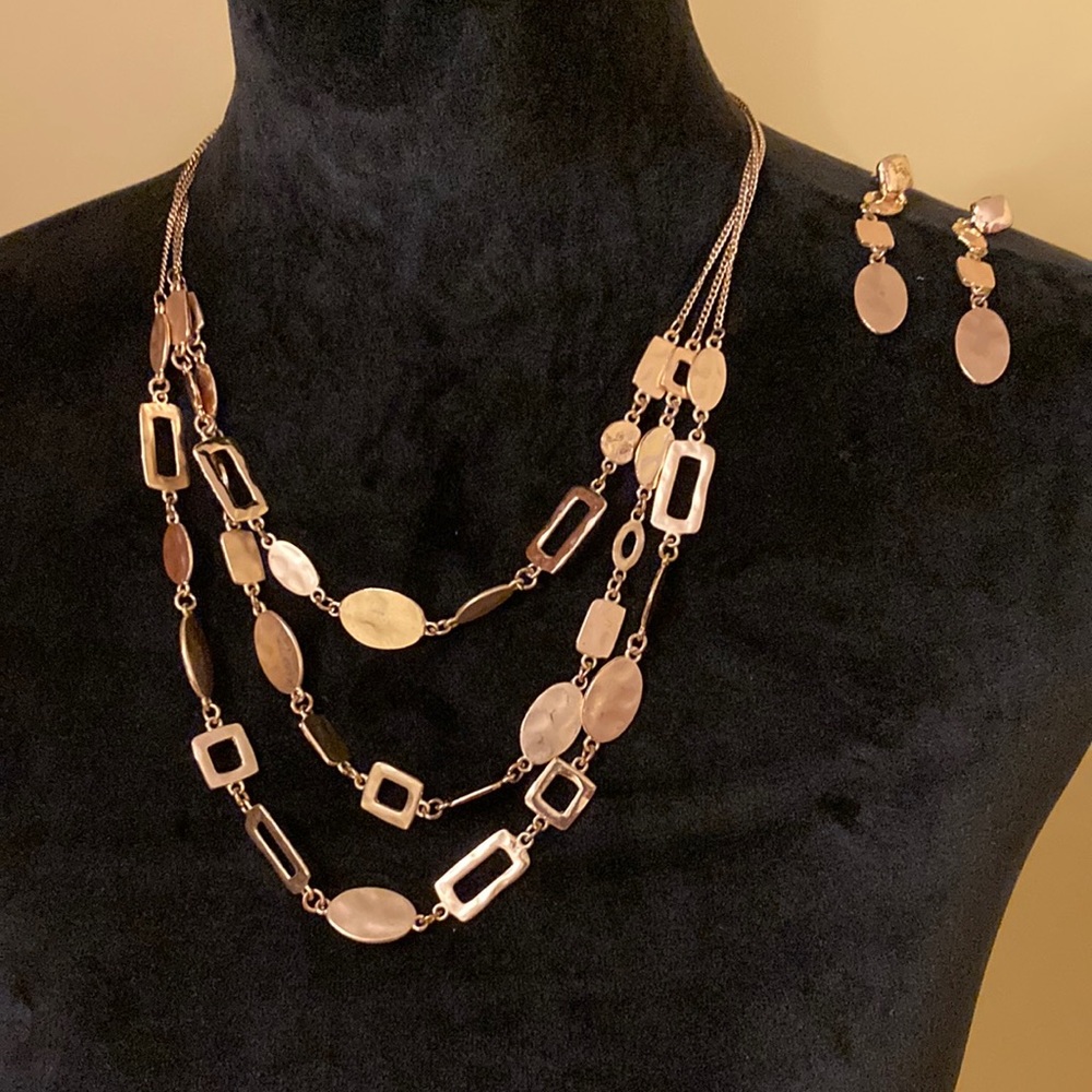Beaten Gold Earring and 3 strand Necklace